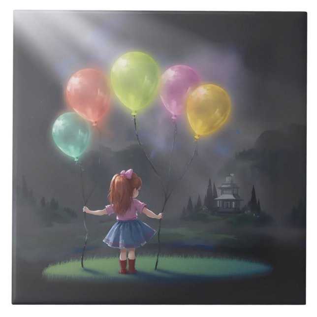 Cute Little Girl with Balloons Tile (Front)