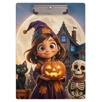 Cute little girl with black cat Happy Halloween Clipboard