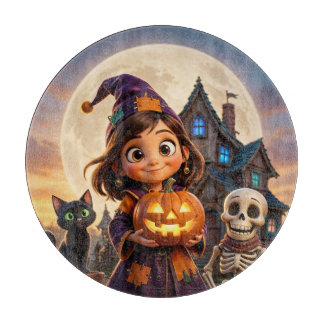 Cute little girl with black cat Happy Halloween Cutting Board
