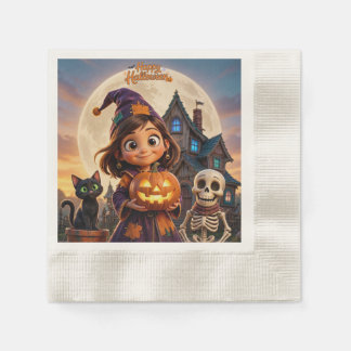 Cute little girl with black cat Happy Halloween Napkin