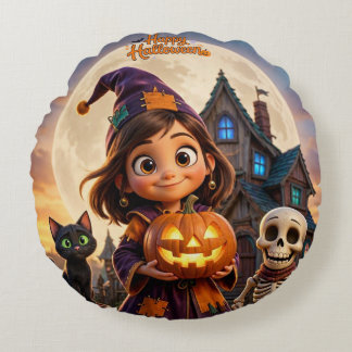 Cute little girl with black cat Happy Halloween Round Cushion
