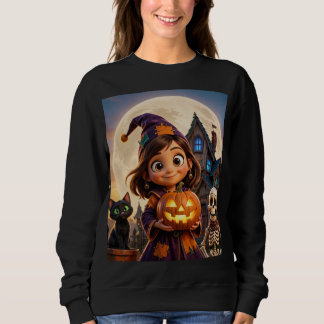 Cute little girl with black cat Happy Halloween Sweatshirt