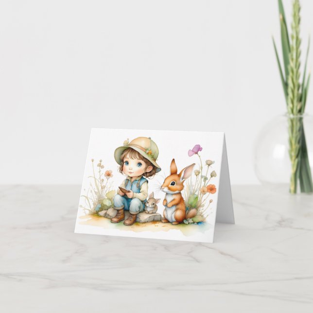 Cute Little Girl with Bunnies and Flowers Blank  Card (Front)