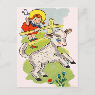 cute little girl with cute little lamb postcard