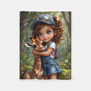 Cute Little Girl With Fawn In Forest Fleece Blanke Blanket