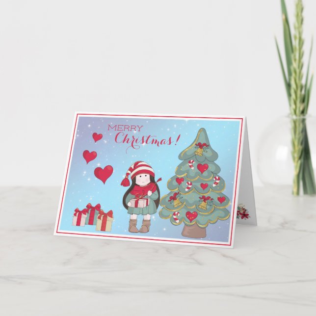 Cute Little Girl With Gifts and Christmas Tree Holiday Card (Front)