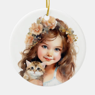 CUTE LITTLE GIRL WITH HER KITTEN CERAMIC TREE DECORATION