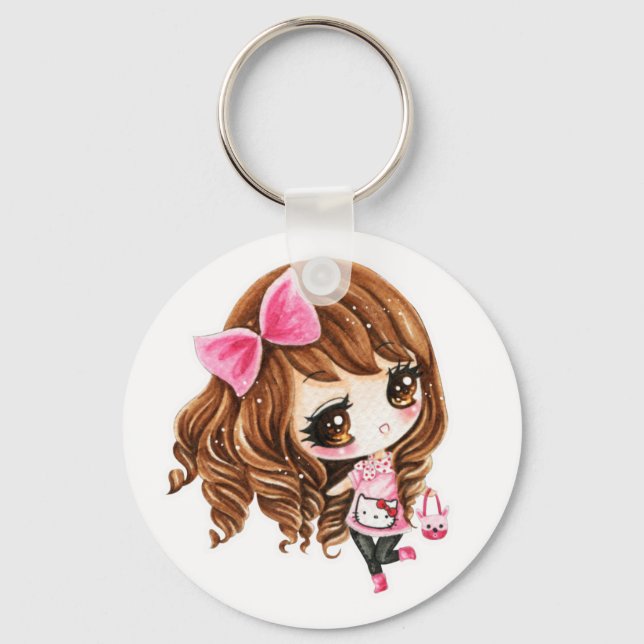 Cute little girl with pink big bow key ring (Front)