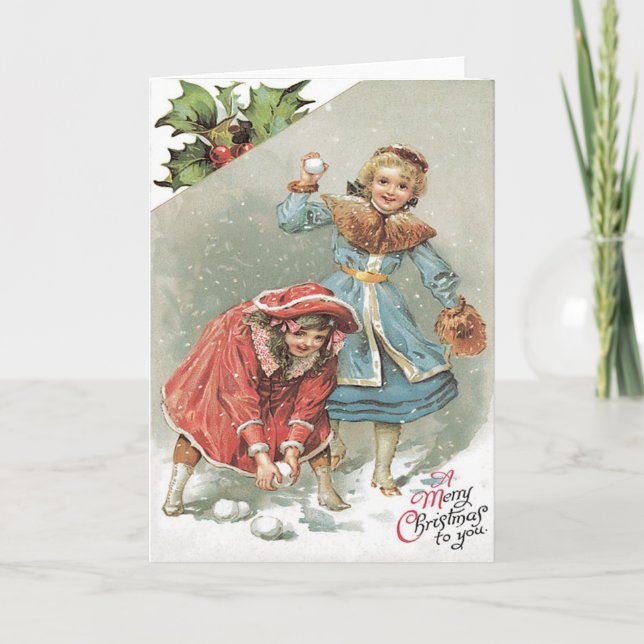 Cute Little Girls Snowball Fight Holiday Card (Front)