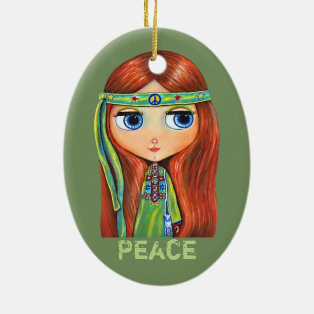 Cute Little Green Hippie Girl Peace Sign Ceramic Tree Decoration (Back)