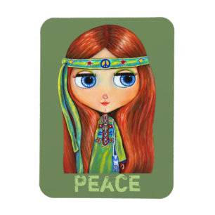 Cute Little Green Hippie Girl Peace Sign Magnet