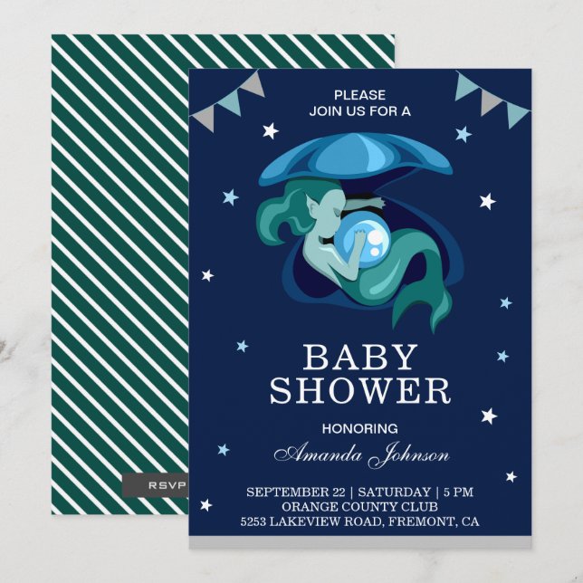 Cute Little Green Mermaid Baby Shower Invitation (Front/Back)