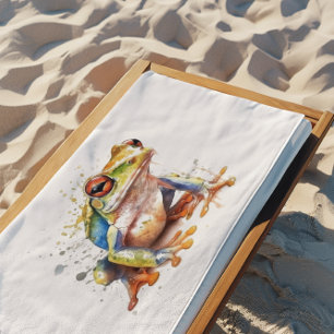 Cute little green tree frog in watercolor bath towel