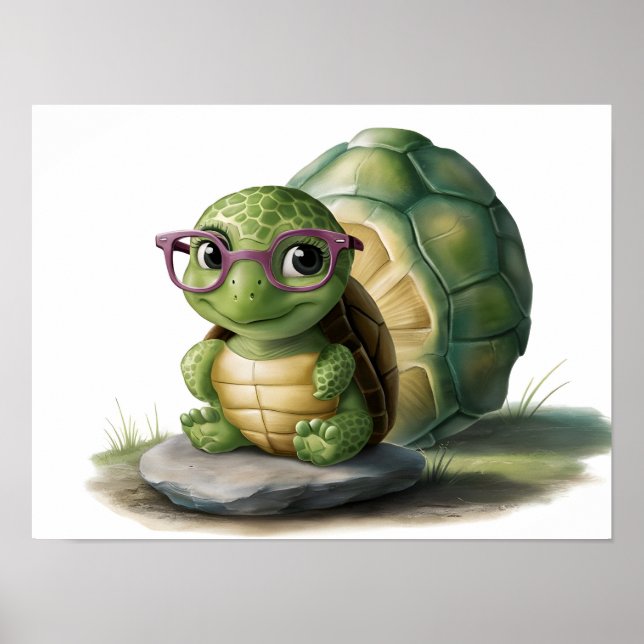 Cute Little Green Turtle Wearing Glasses Poster (Front)