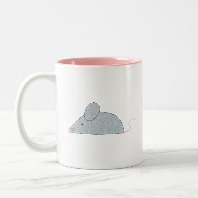 Cute Little Grey Mouse with a pink tail and nose Two-Tone Coffee Mug (Left)