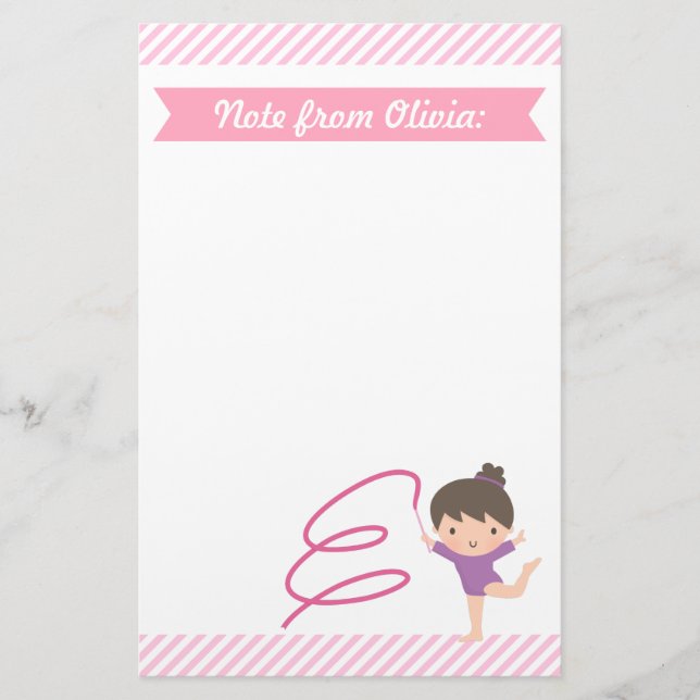 Cute Little Gymnast Girl and Ribbon Gymnastics Stationery (Front)