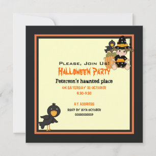 Cute little Halloween witch orange black dress Invitation