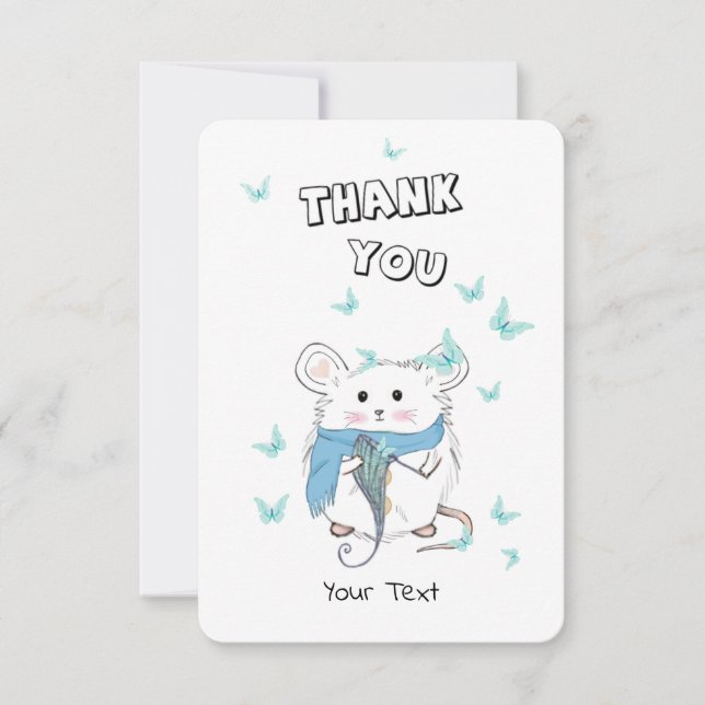 Cute Little Hamster Blue Butterfly Thank You Card (Front)