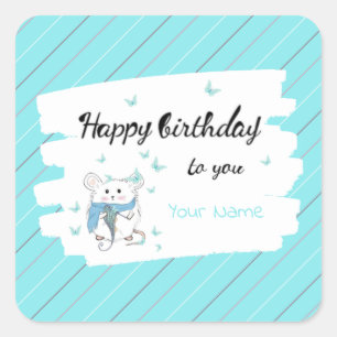 Cute Little Hamster Blue Happy Birthday Square Sticker
