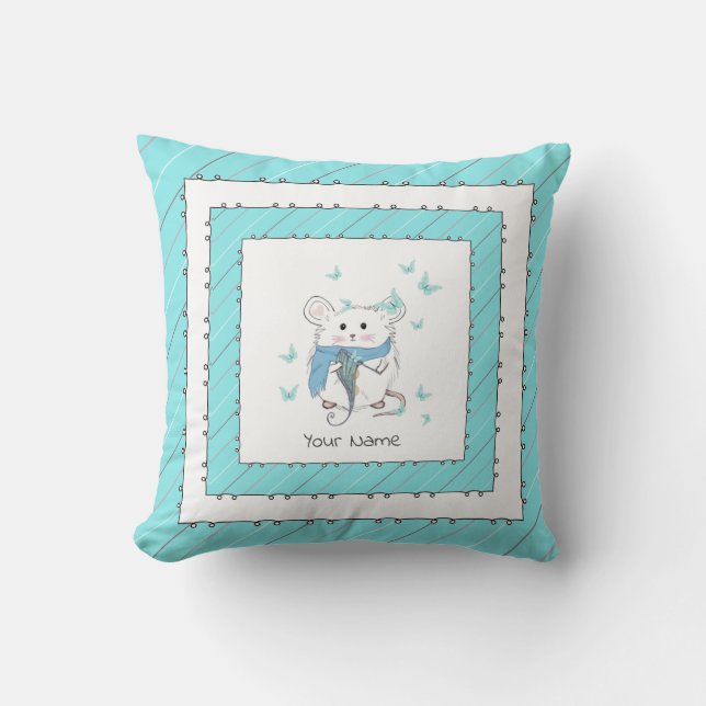 Cute Little Hamster Blue Striped  Cushion (Front)