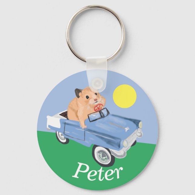 Cute little Hamster Driving a blue car  Key Ring (Front)