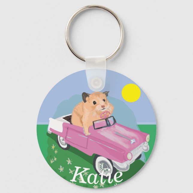 Cute little Hamster Driving a pink car Key Ring (Front)