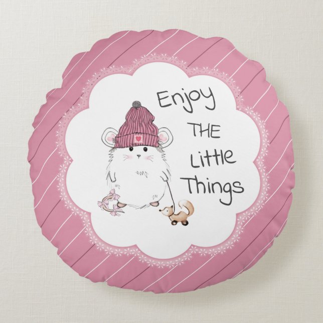 Cute Little Hamster "Enjoy The Little Things" Pink Round Cushion (Front)