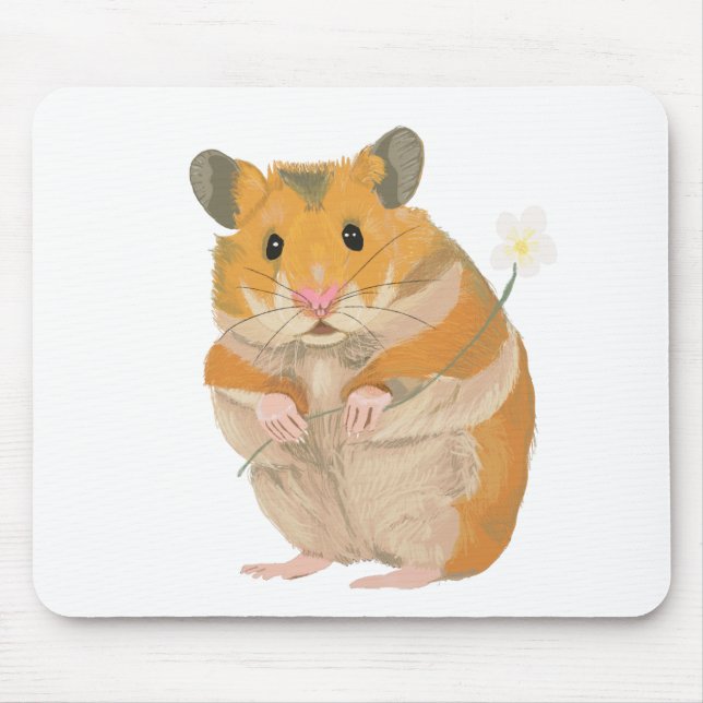 Cute little Hamster holding a flower Mouse Mat (Front)