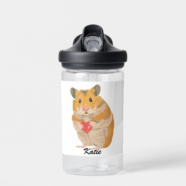 Cute little Hamster holding a heart editable   Water Bottle (Front)