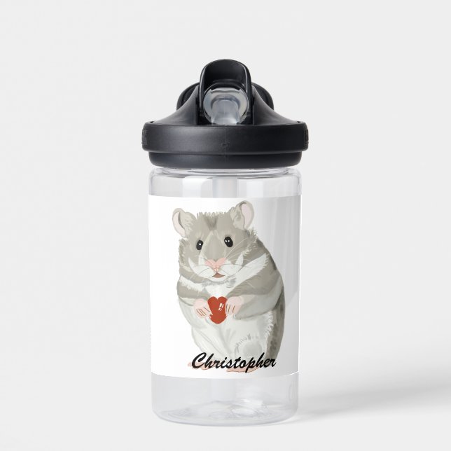 Cute little Hamster holding a heart editable   Water Bottle (Front)