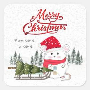 Cute Little Hamster Merry Christmas Tree Square Sticker