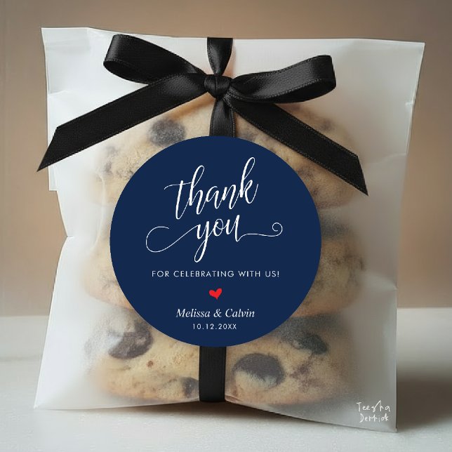 Cute Little Heart Modern Wedding Thank You Gifts Classic Round Sticker (Cute Little Red Heart Modern Classy Wedding Thank You Gifts Classic Round Sticker in Navy Blue)