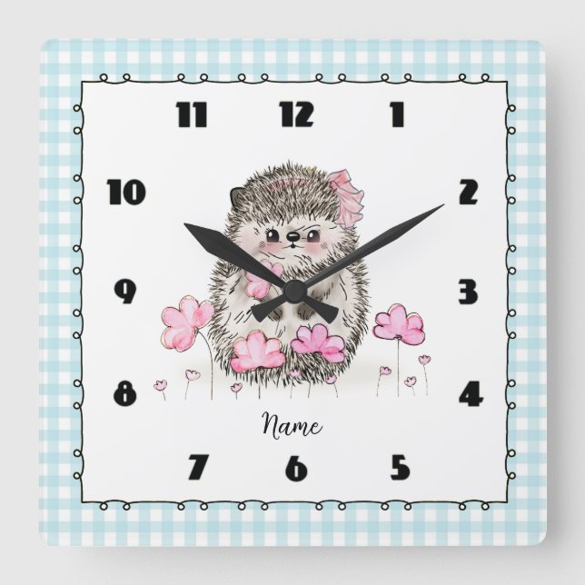 Cute Little Hedgehog Custom Blue Square Wall Clock (Front)