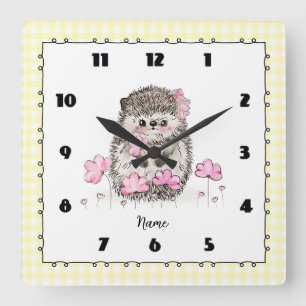 Cute Little Hedgehog Custom Yellow Square Wall Clock
