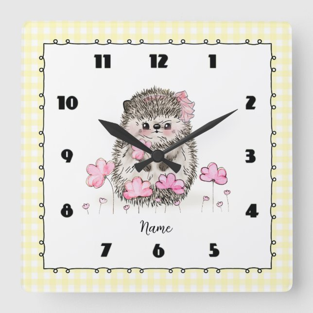 Cute Little Hedgehog Custom Yellow Square Wall Clock (Front)