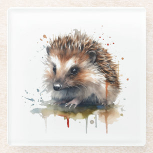 Cute little hedgehog in brown water colour glass coaster
