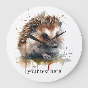 Cute little hedgehog in brown watercolor large clock