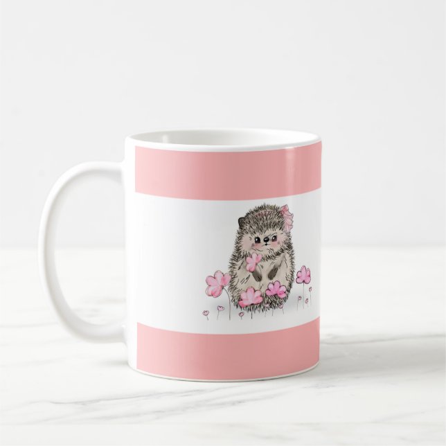 Cute Little Hedgehog Pink White Coffee Mug (Left)