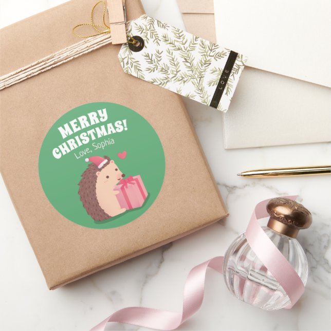 Cute Little Hedgehog With Christmas Present Classic Round Sticker (Gifting)