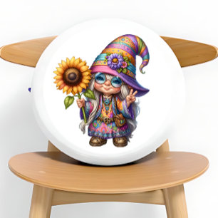 Cute Little Hippie Gnome With Sunflower Round Cushion