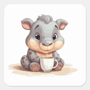 Cute Little Hippo Drinks a Coffee Square Sticker