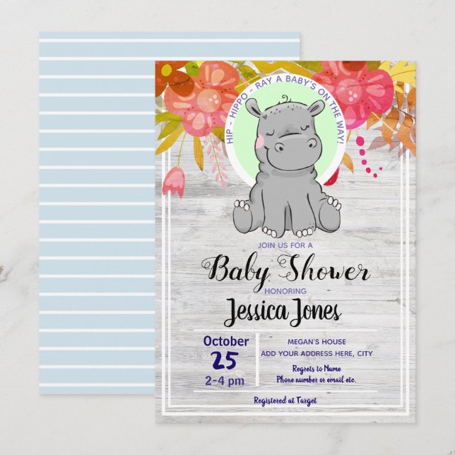 Cute Little Hippo Floral Baby Shower Invitations (Front/Back)