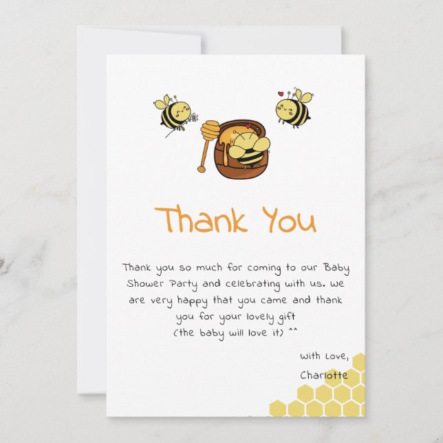 Cute Little Honeybee With Sweet Honey Baby Shower Thank You Card (Front)