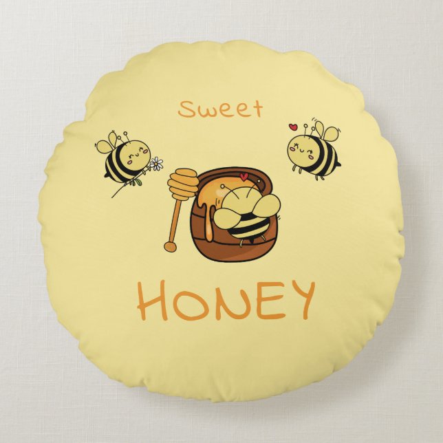 Cute Little Honeybee With Sweet Honey Round Cushion (Front)