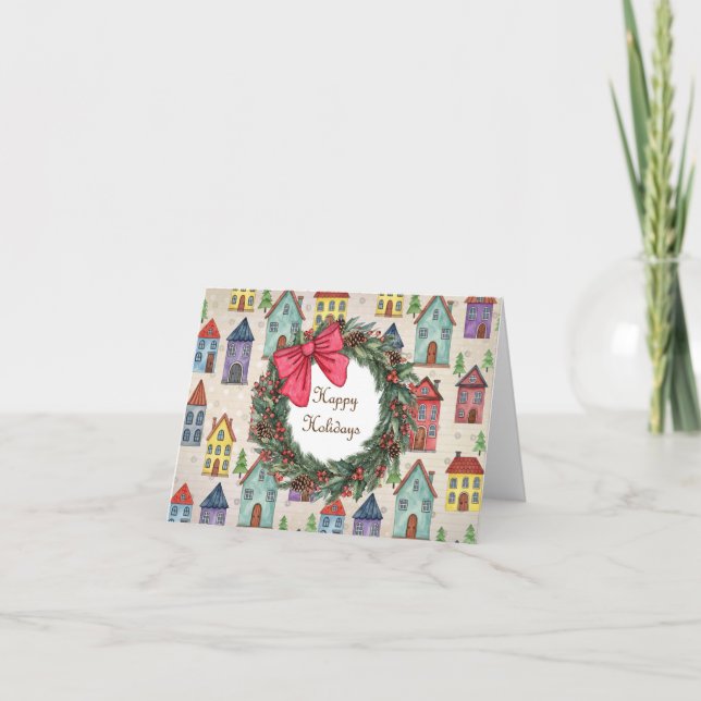 Cute Little House Whimsical Folk Art Christmas  Holiday Card (Front)