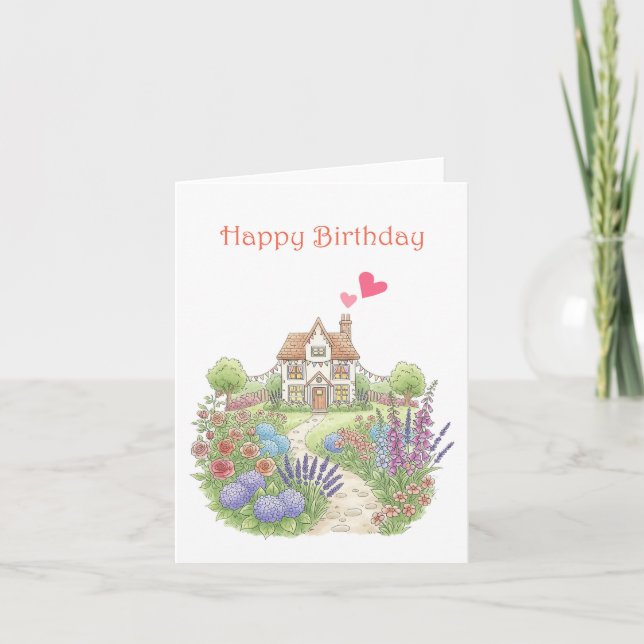 Cute Little House with Floral Garden Birthday  Card (Front)