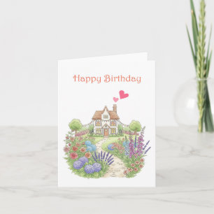 Cute Little House with Floral Garden Birthday Card