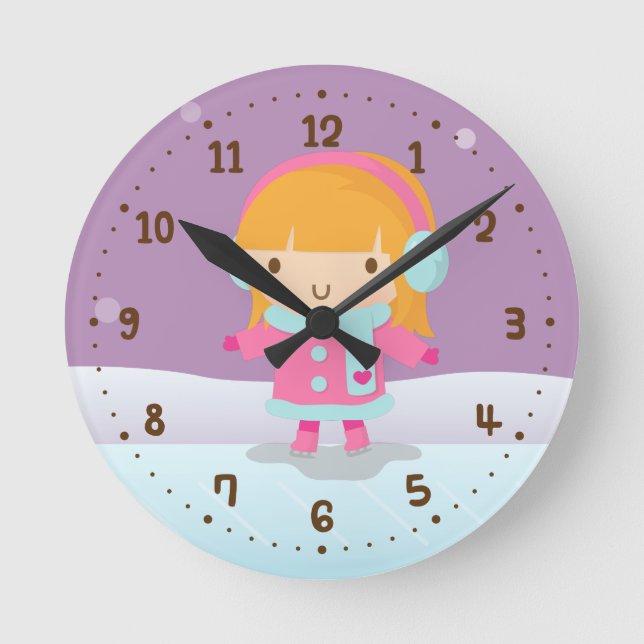 Cute Little Ice Skater Winter Girls Room Decor Round Clock (Front)