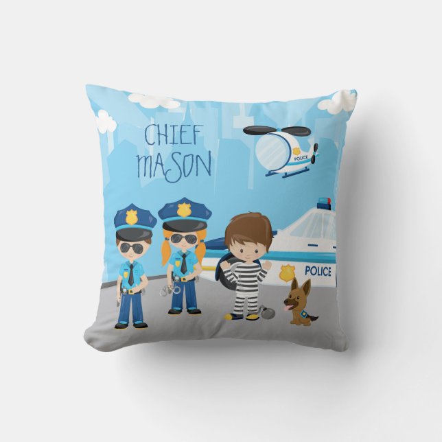 Cute Little Kid Cartoon Policeman with First Name Cushion (Front)