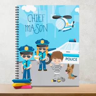 Cute Little Kid Cartoon Policeman with First Name Notebook